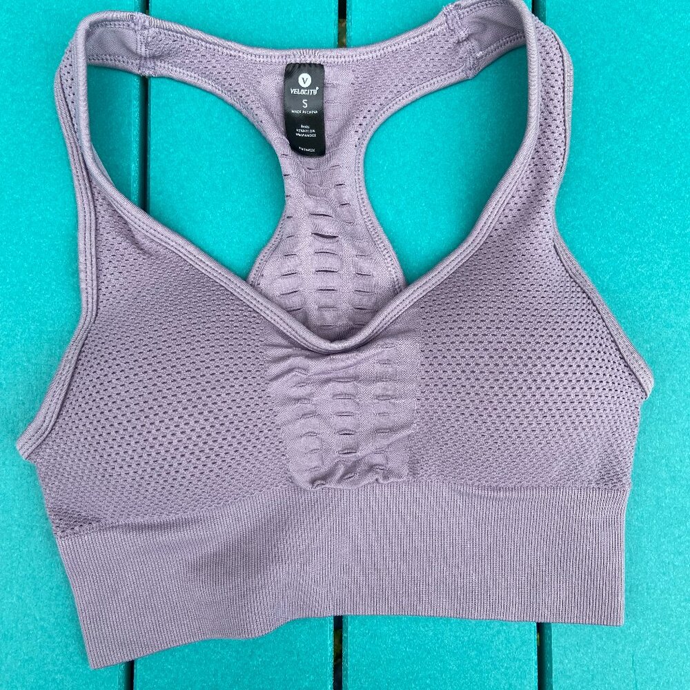 NWOT Velocity padded sports bra. Firm support, size Small. Dusty purple color.